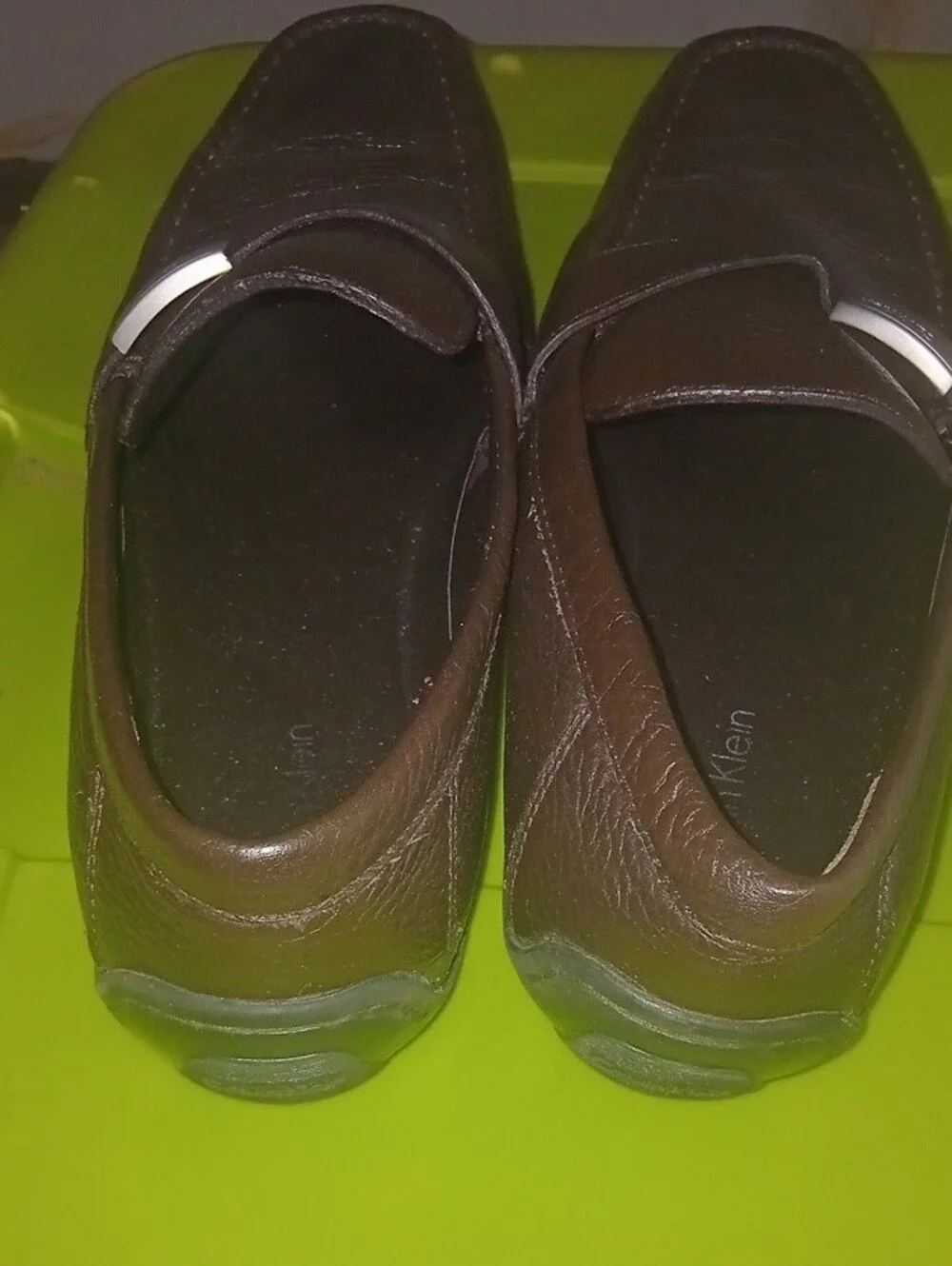 Calvin Klein Brown Leather Slip-On Loafers with Silver Logo Accent